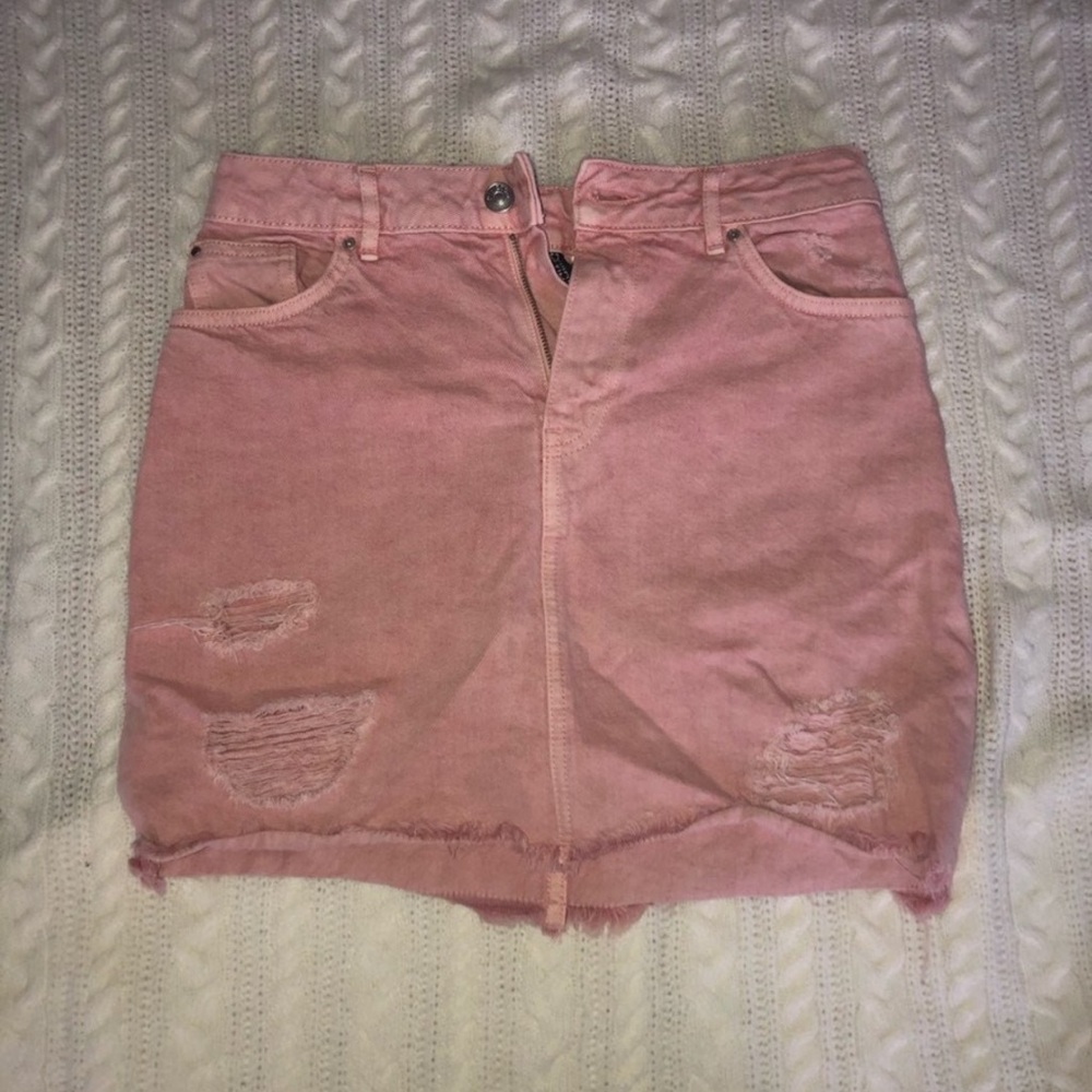 Pink Distressed Denim Skirt